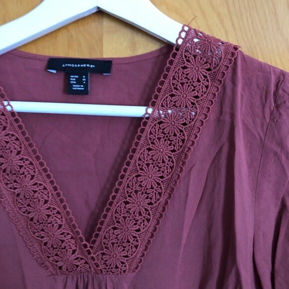 Atmosphere Blouse Top Dusty Rose Pink Crochet V-Neck Popover Boho Small Size 4 - Picture 2 of 7